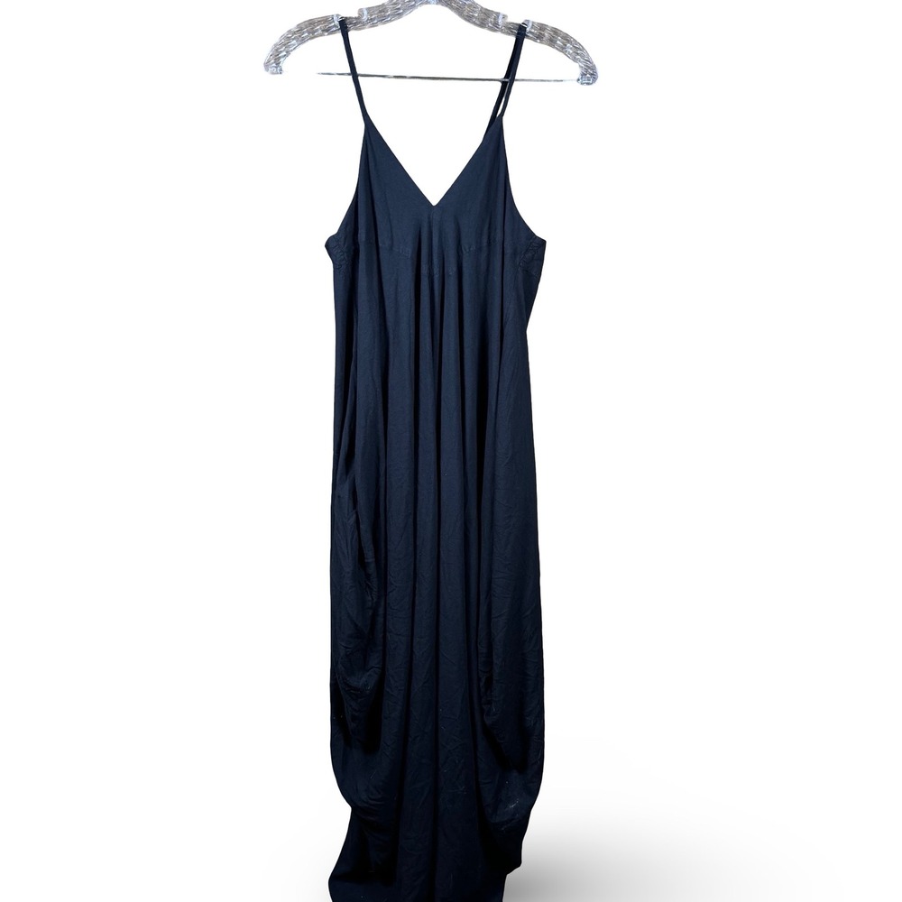 Black‎ Cotton Maxi Dress Women's M Pockets Adjustable Straps Lagenlook Parachute